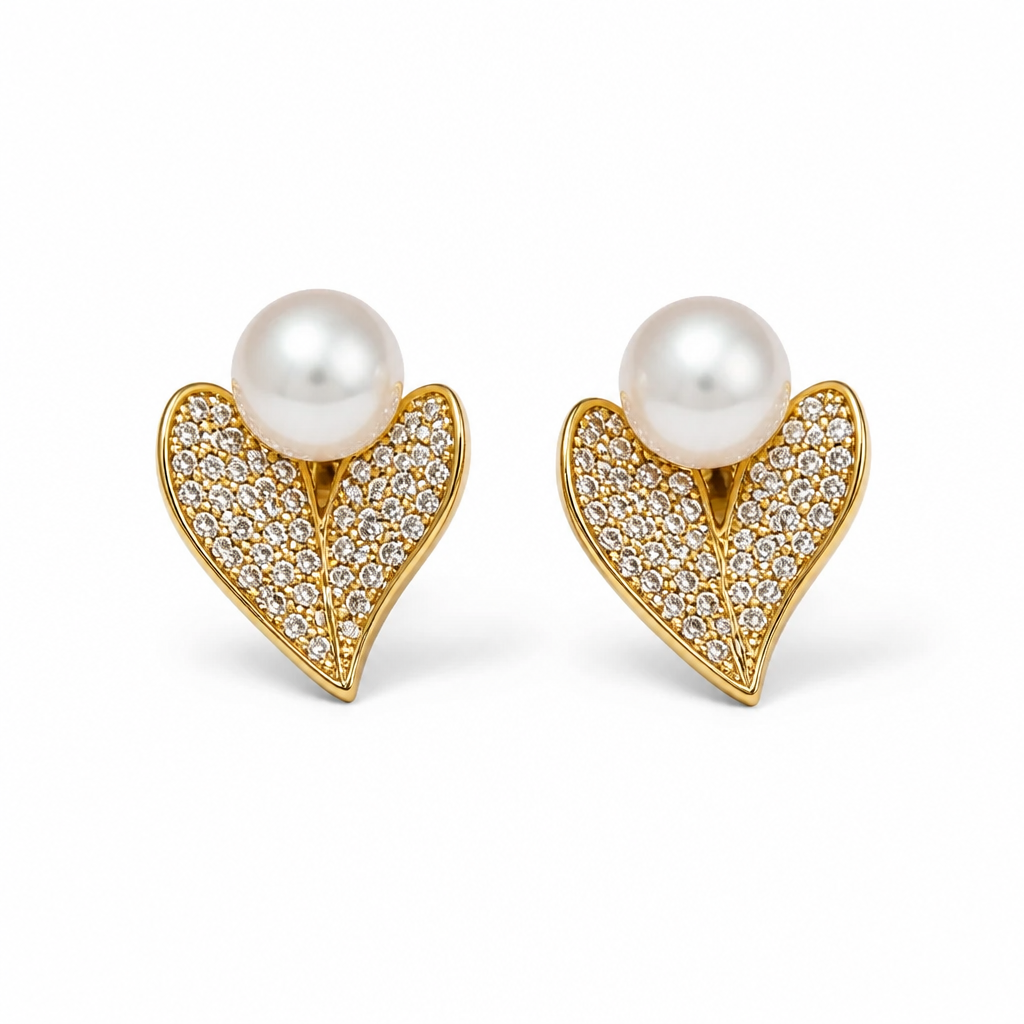 Gold Heart Pavé Pearl Studs
