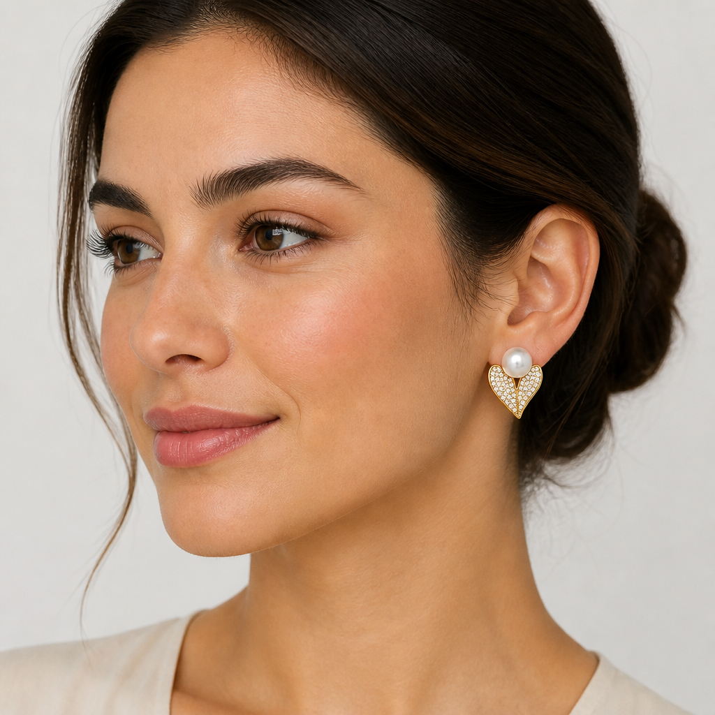 Gold Heart Pavé Pearl Studs