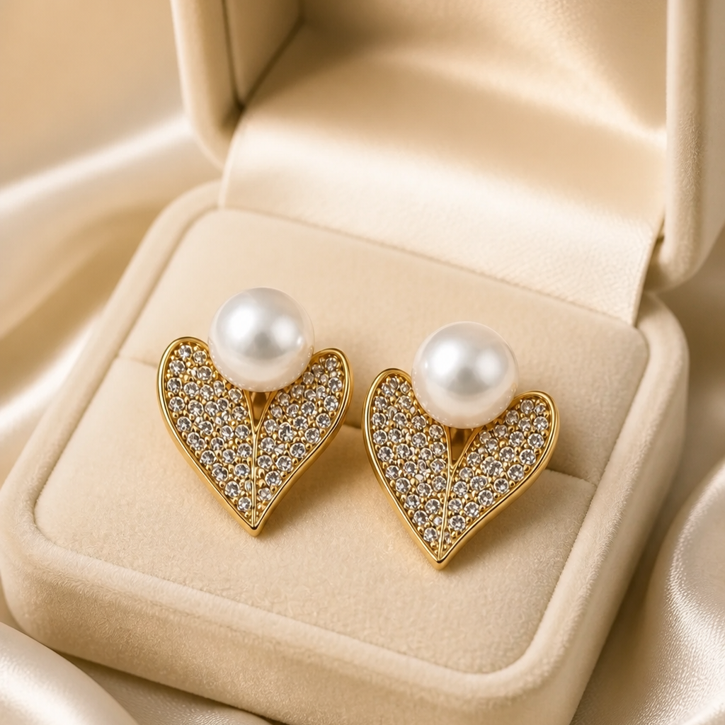 Gold Heart Pavé Pearl Studs