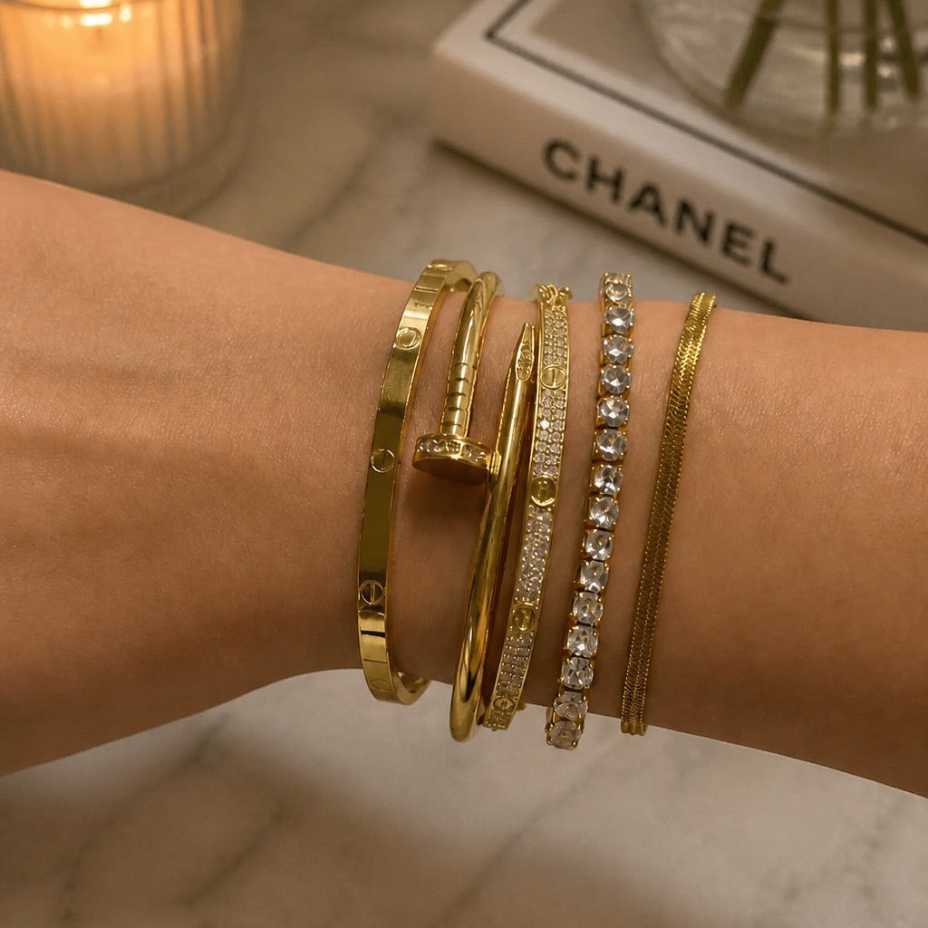 FIVE85 5-Piece 18K Gold PVD Jewelry Stacking Bracelet Set