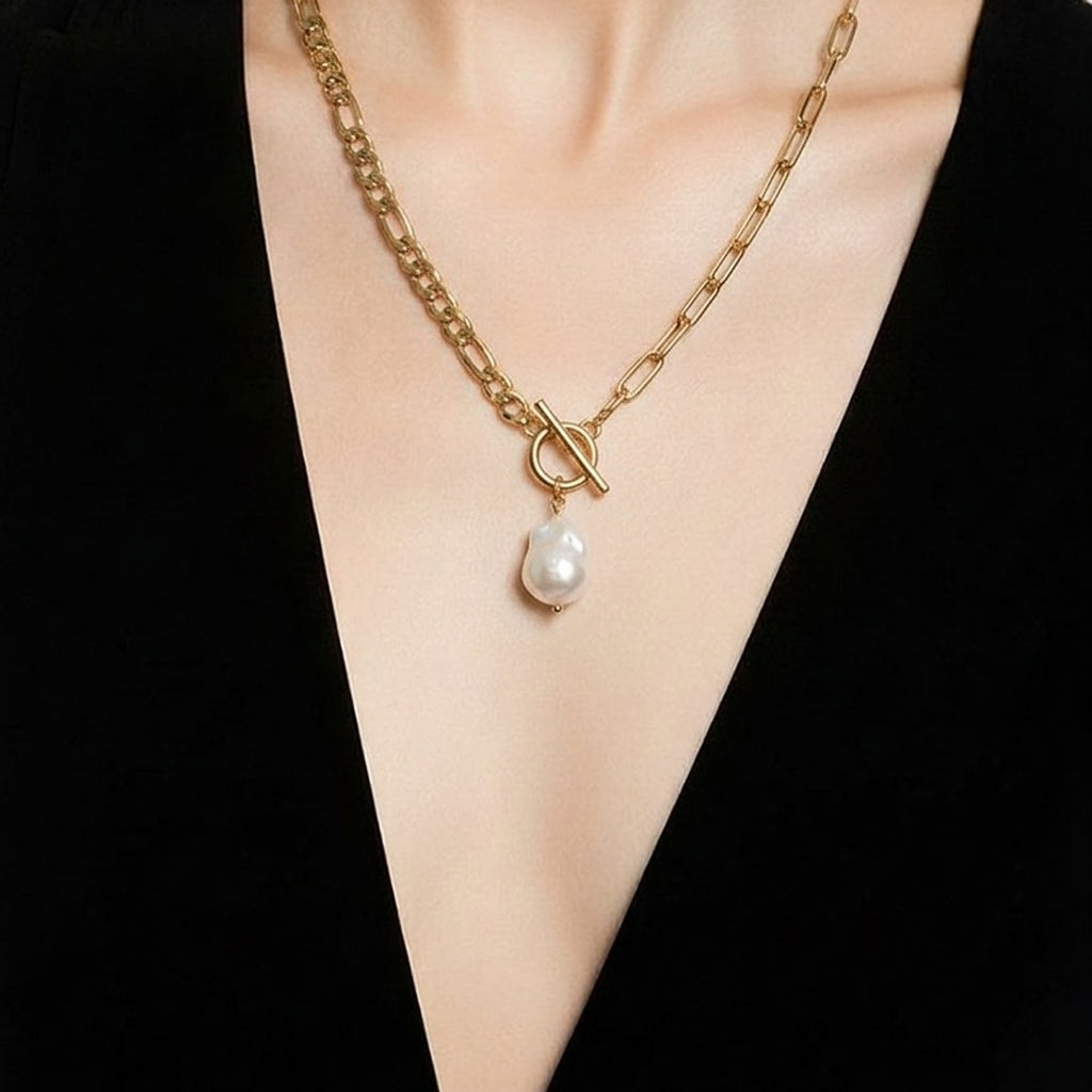 18K Gold PVD Carabiner Necklace, Freshwater Pearl