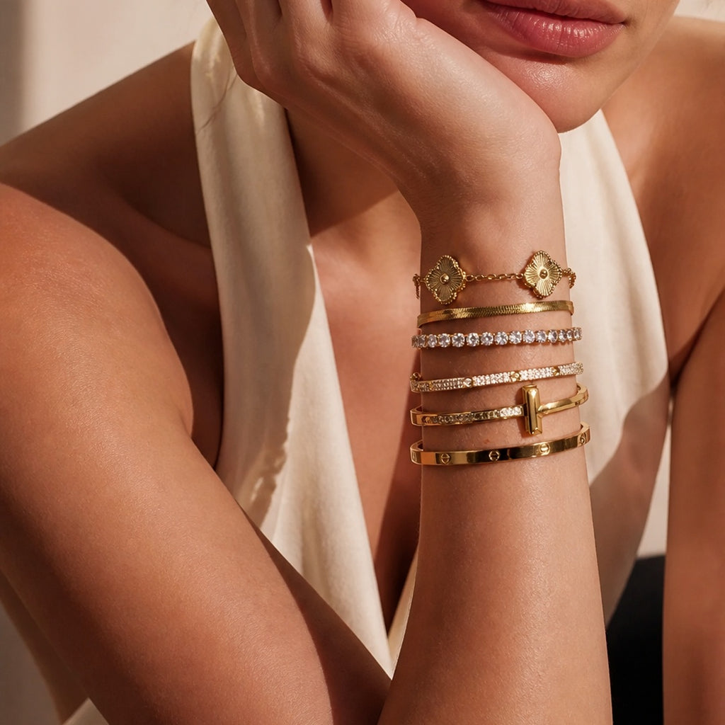 FIVE85 6-Piece 18K Gold PVD Jewelry Stacking Bracelet Set
