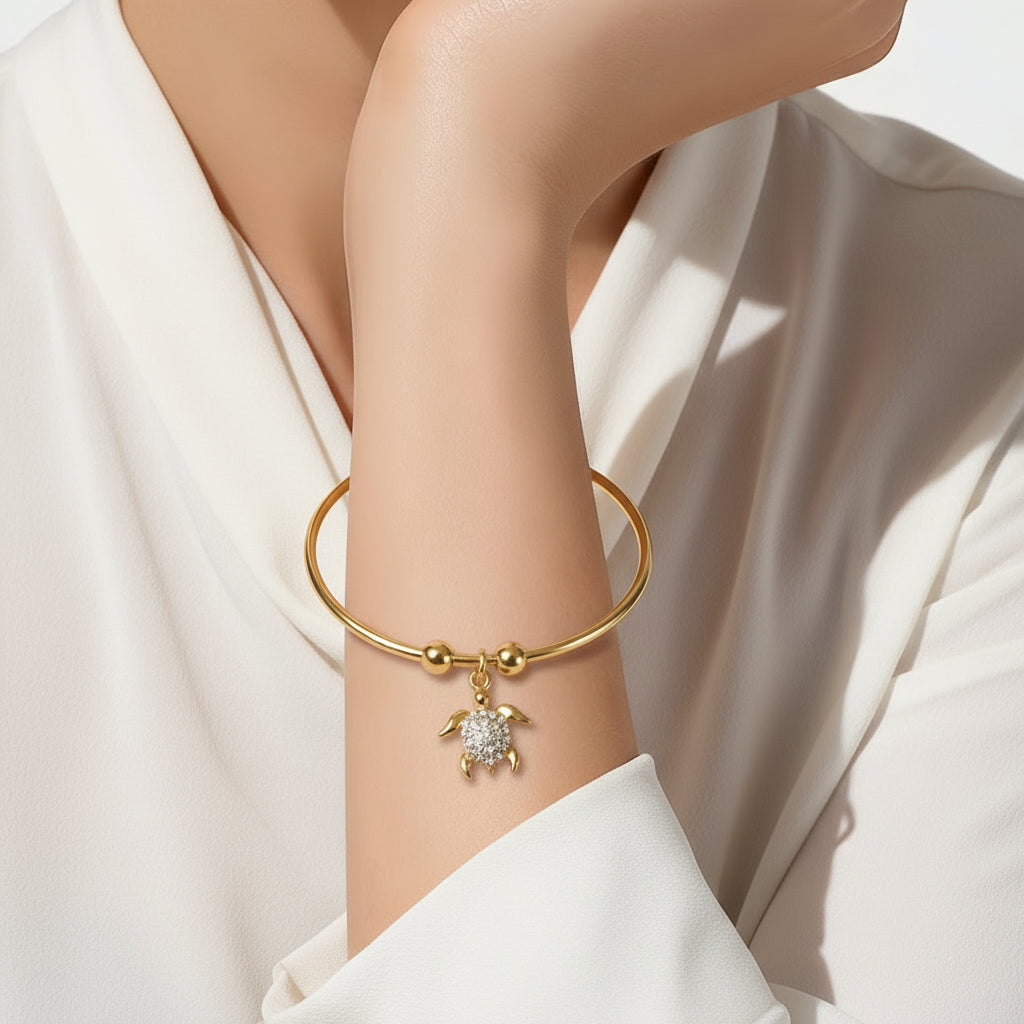 18K Gold PVD Pave Turtle Charm Bangle