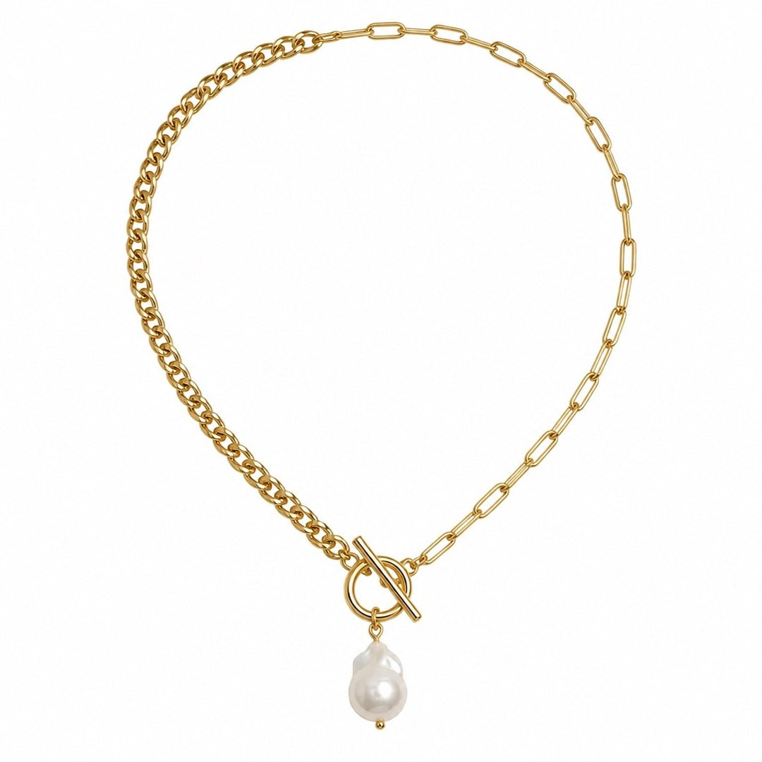 18K Gold PVD Carabiner Necklace, Freshwater Pearl