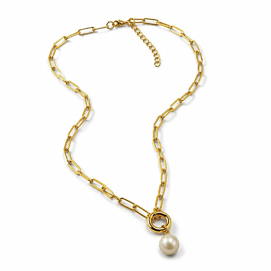 Paperclip Chain Pearl Drop Necklace with pearl charm