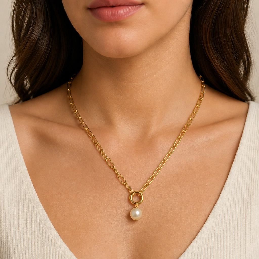 Paperclip Chain Pearl Drop Necklace with pearl charm