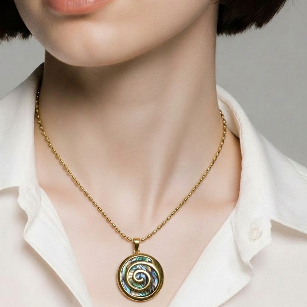 18K Gold PVD Abalone Spiral Pendant Necklace