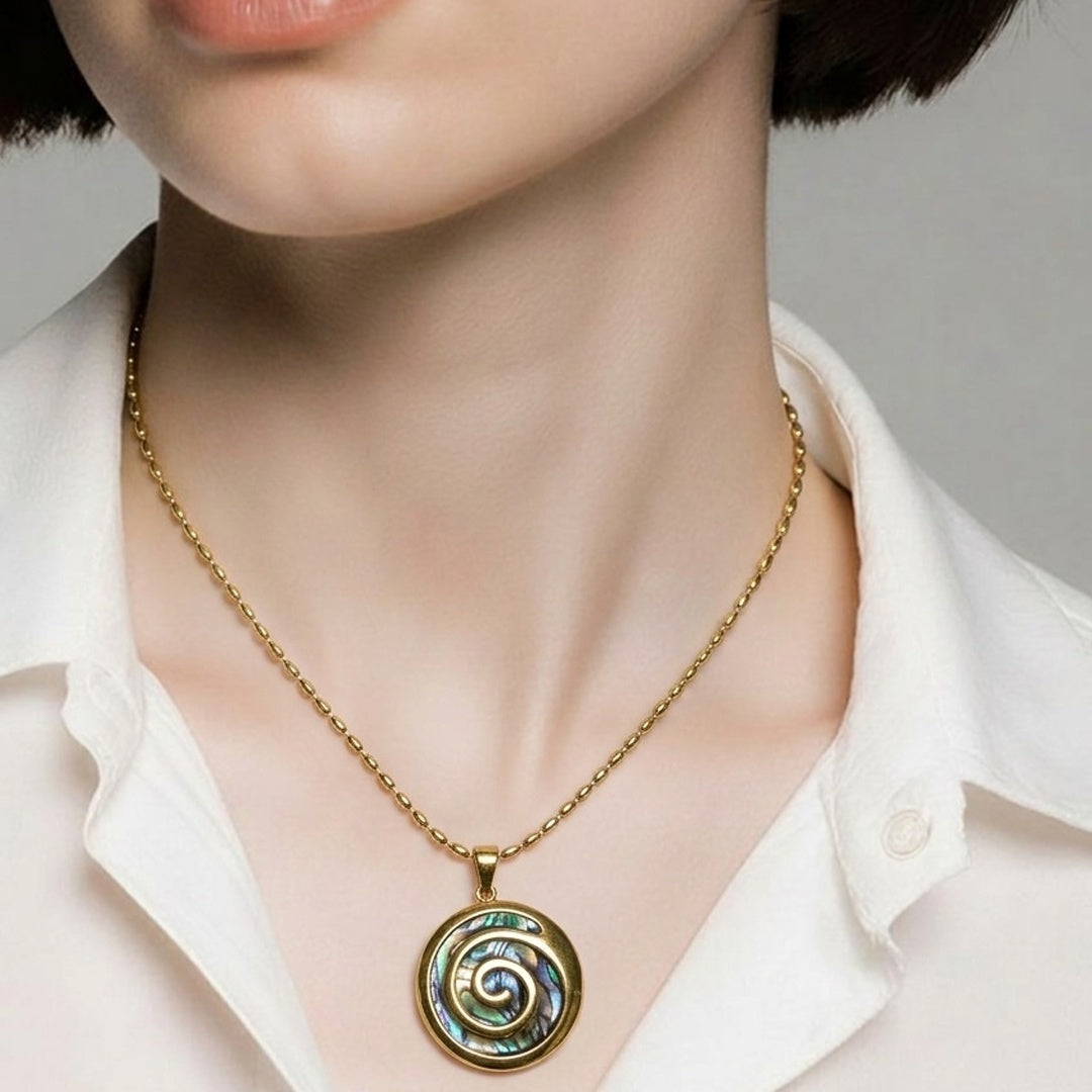 18K Gold PVD Abalone Spiral Pendant Necklace