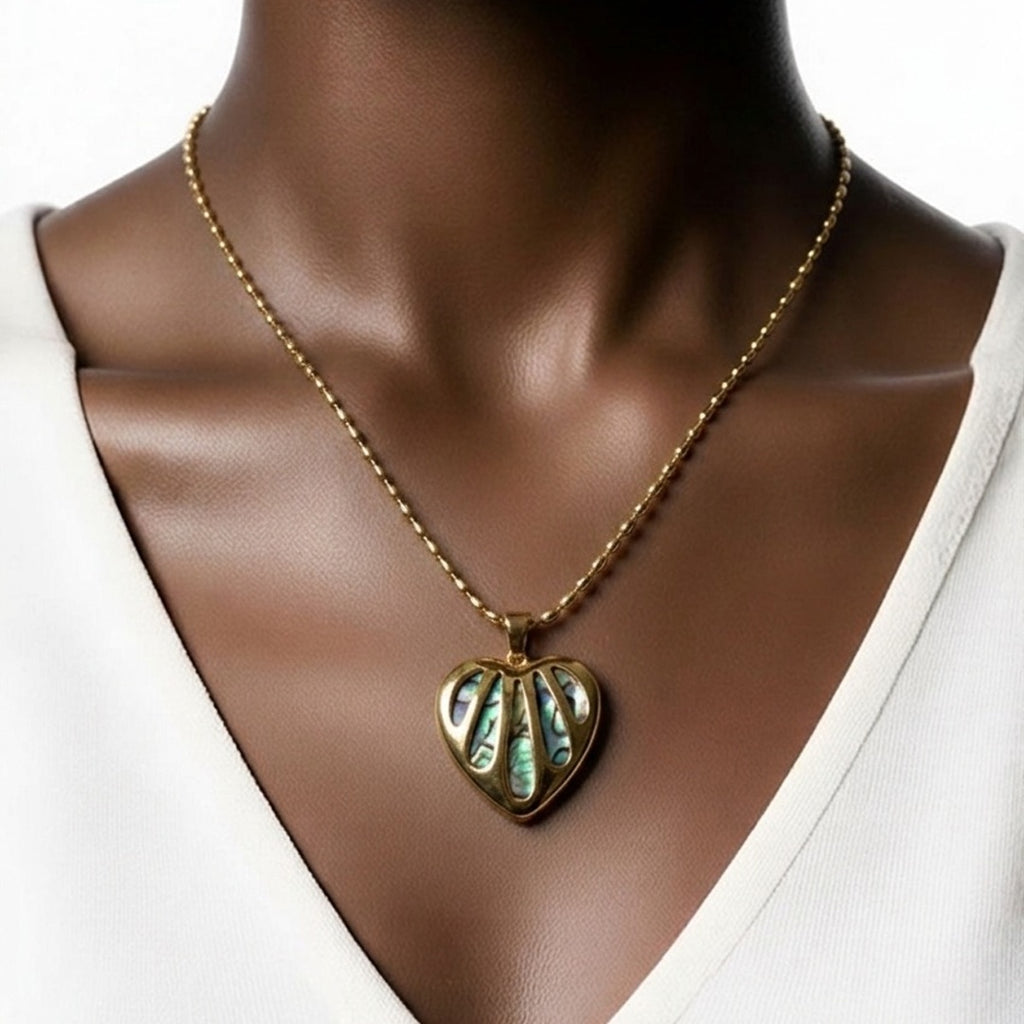 18K Gold PVD Abalone Heart Charm Necklace