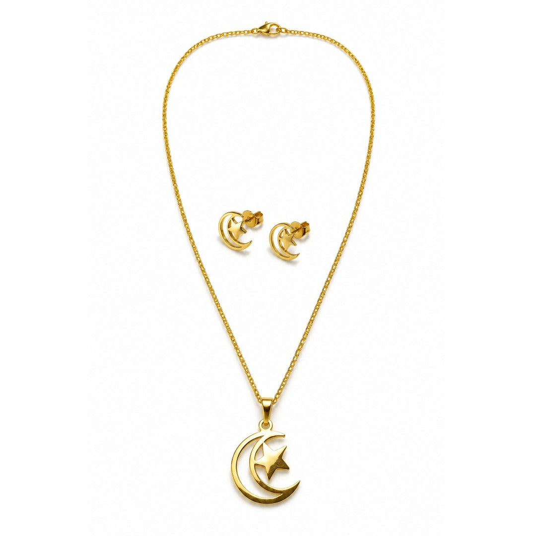 18K Gold PVD Star & Moon Necklace & Earring Set